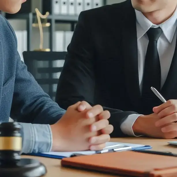 A lawyer and a client discussing across a table, with the lawyer wearing a suit and the client in casual attire, both of Asian descent, with the background in a lawyers office